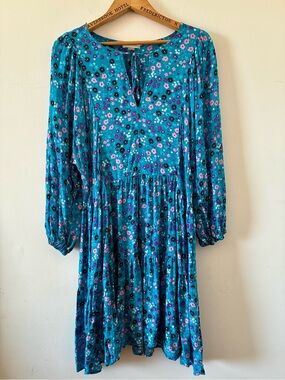 CALVIN KLEIN Teal Ditzy Floral Long-Sleeve Tiered Dress- Size 14